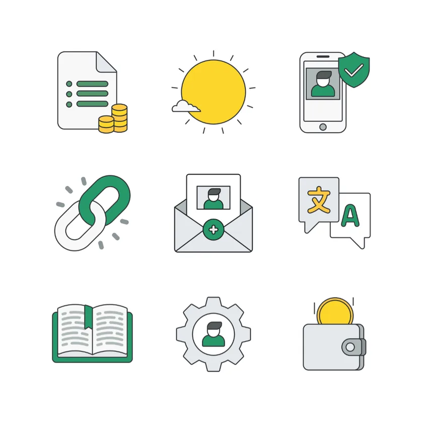The 50K spot illustration set: nine illustrations for statements, market hours, verified identity, referral links, invitations, translation, education, account settings and funds