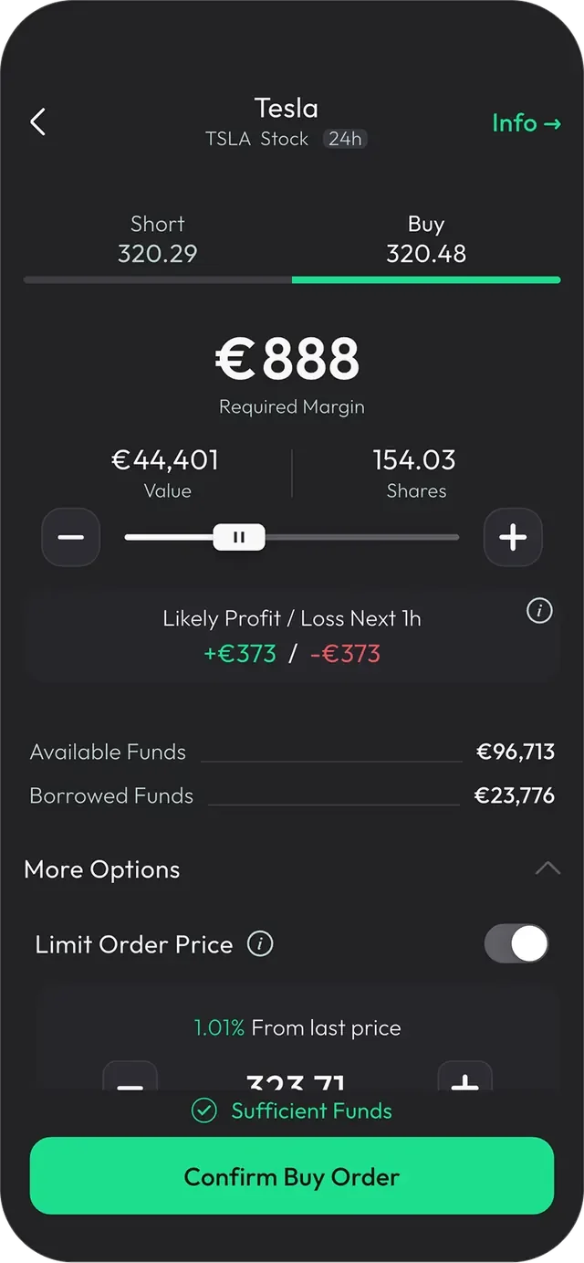50K order entry for a Tesla position: required margin, value, share count and the likely profit or loss before confirming