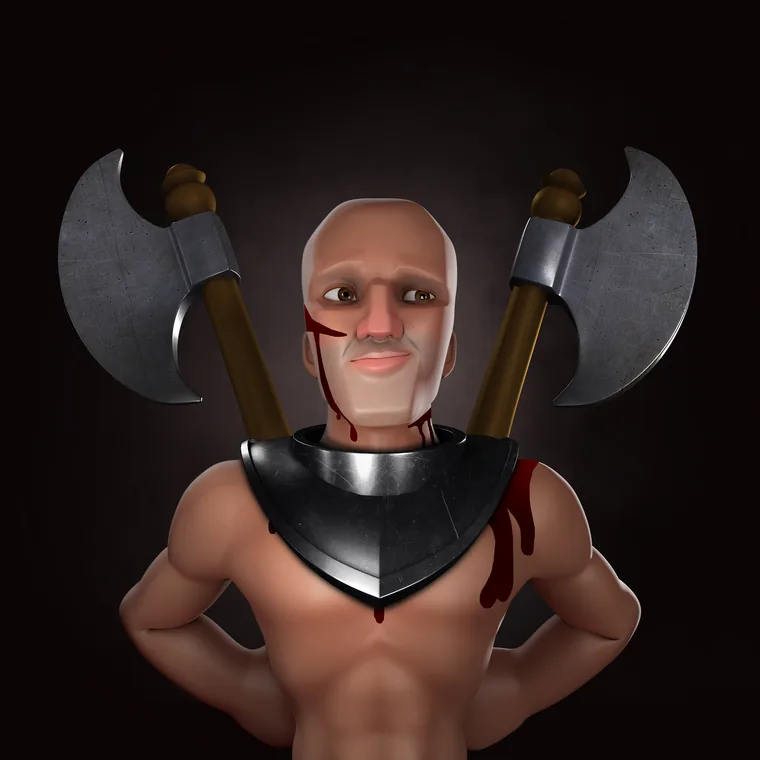 A character bust with two axes crossed behind the shoulders, bare head, red-lit background
