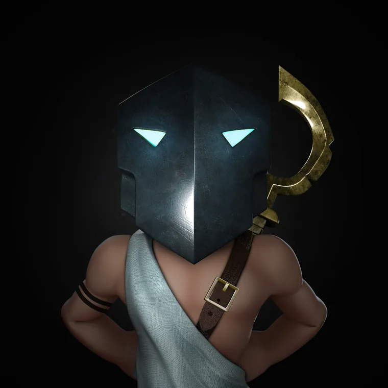 The same bust wearing a visored helm with glowing eye slits, a gold sickle behind the shoulder