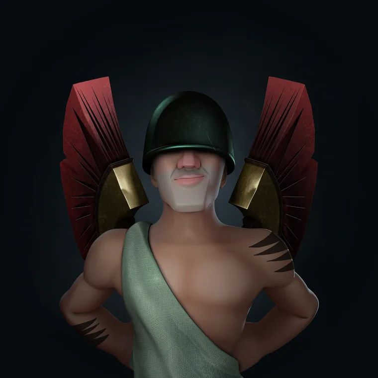 The same bust in a green helmet with red winged pauldrons rising behind the shoulders