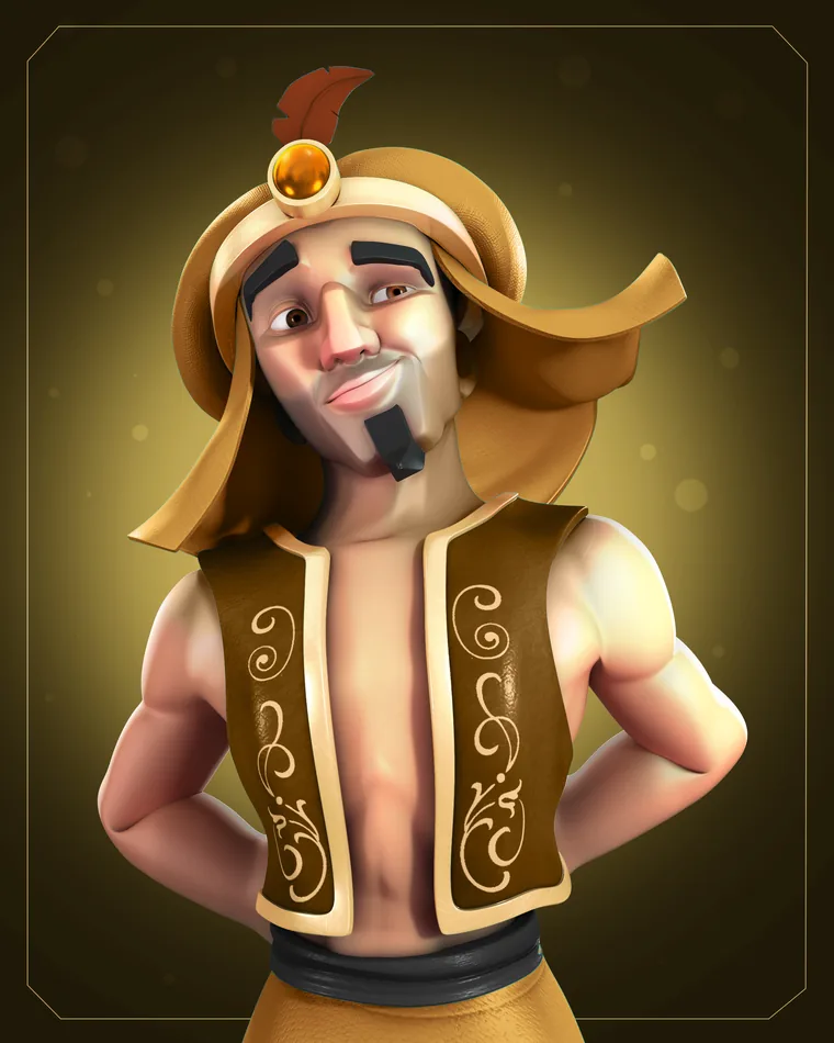 A stylised character in a gold embroidered waistcoat and turban, hands on hips, on a gold background