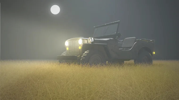 An open-topped military jeep parked in tall grass at night, headlights on, under a full moon and low mist