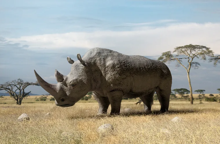 A photorealistic rhinoceros standing in dry savannah grass with acacia trees behind