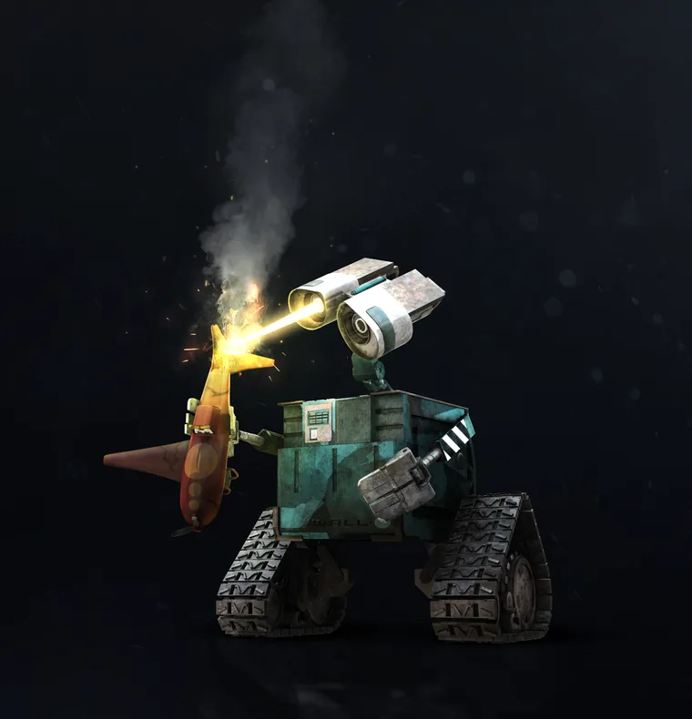 A weathered boxy robot on tank treads, holding a lit blowtorch that throws sparks in the dark