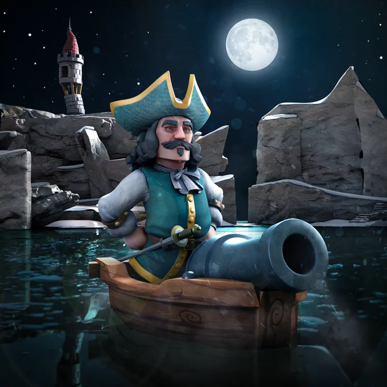 Michiel de Ruyter standing in a small boat behind a cannon, moonlit water and rocks around him
