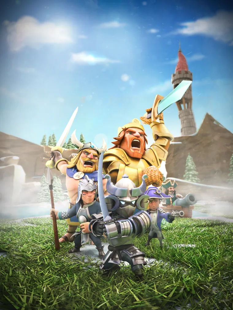 United Legends splash screen: a golden-armoured hero mid-shout with a raised sword, flanked by a viking, archers and a cannon crew, castle towers behind
