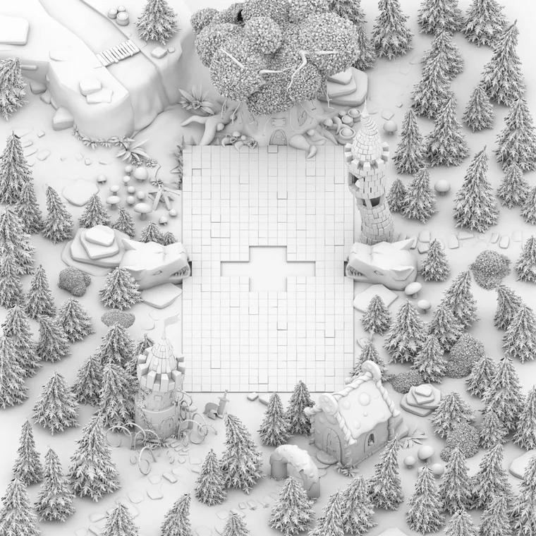 The Black Forest board seen from above in untextured white geometry: pine forest, houses, Rapunzel's tower and a paved arena in the middle