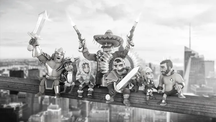 Game characters sitting in a row along a steel girder high above a city, in monochrome