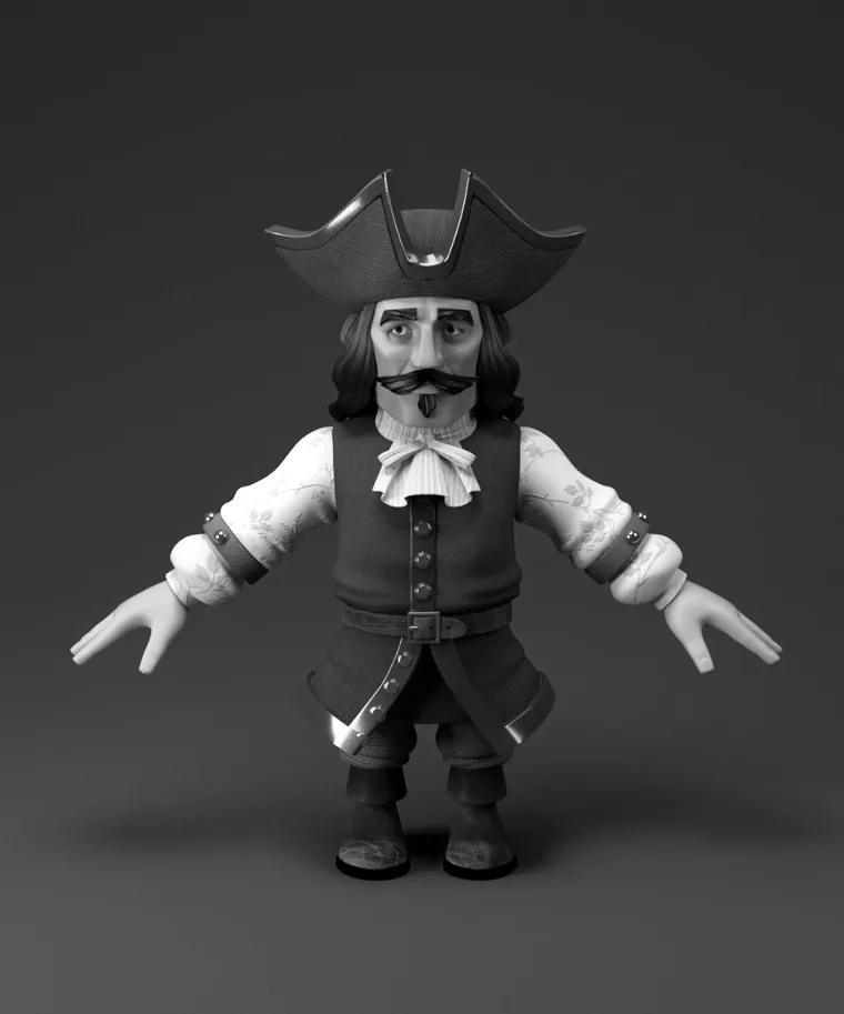 A sample character after modelling and texturing but before colour, in a neutral pose with arms out