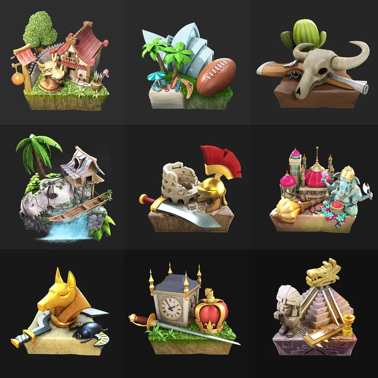 Nine arena icons in a grid, each a small diorama on its own base: a pagoda, a beach, a cow skull, a waterfall hut, a Roman helmet, a palace, a jackal head, a clock tower with a crown, and a stepped temple