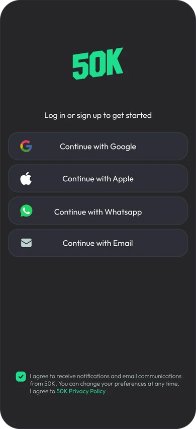 Sign-in screen: continue with Google, Apple, WhatsApp or email, above a pre-ticked agreement to receive communications and to the privacy policy