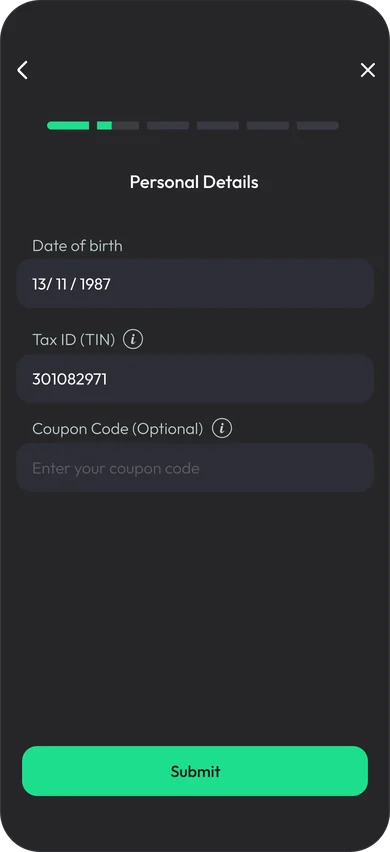Personal Details form: date of birth, tax identification number and an optional coupon code, with a progress bar above and a submit button below