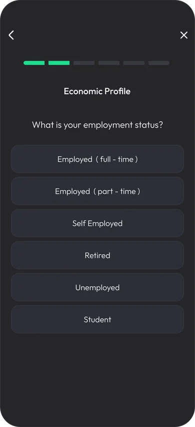 Economic profile step asking for employment status, with six large options and a progress bar showing how far through the questionnaire the user is