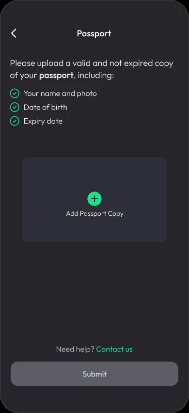 Passport step: a checklist confirming the copy must show name and photo, date of birth and expiry date, above an add passport copy button