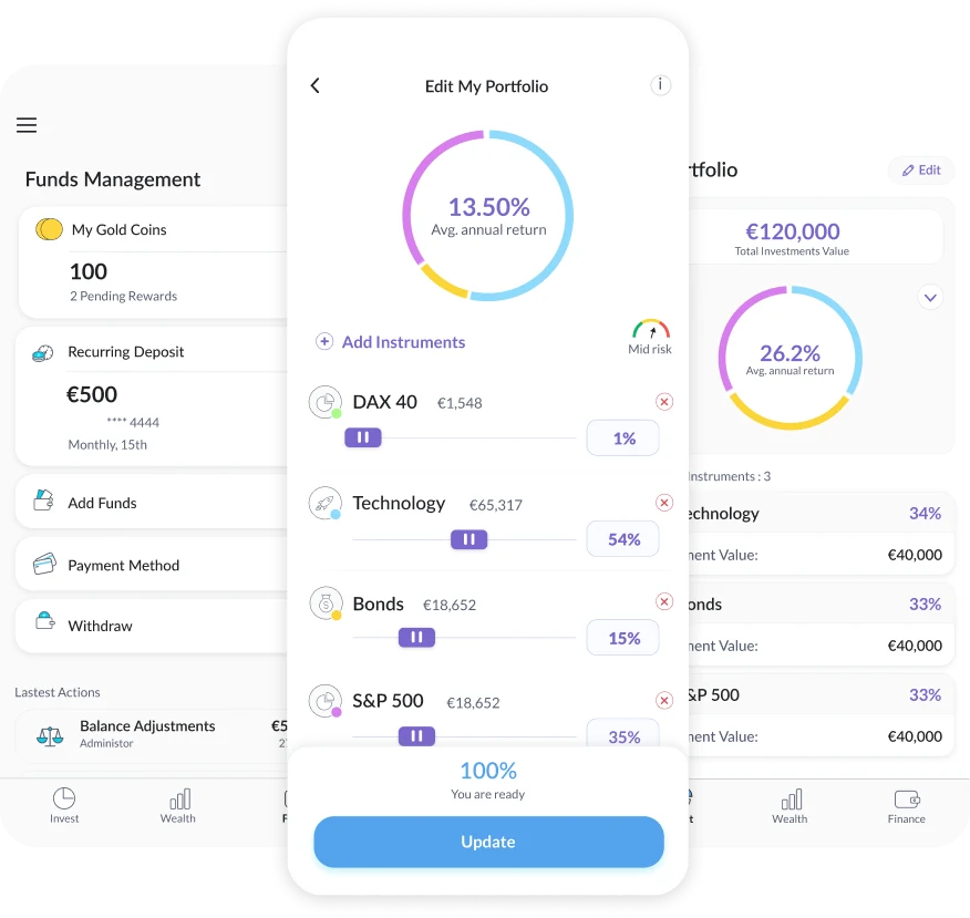 Three Invest screens: funds management with a monthly recurring deposit set up, a portfolio being edited by setting each instrument's share of the money, and the resulting portfolio with its total value and holdings