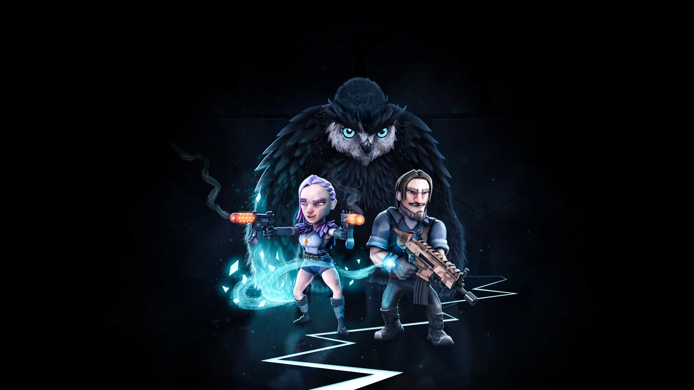 Phantom Beasts key art: two armed characters lit in cyan, standing in front of a giant owl-like beast