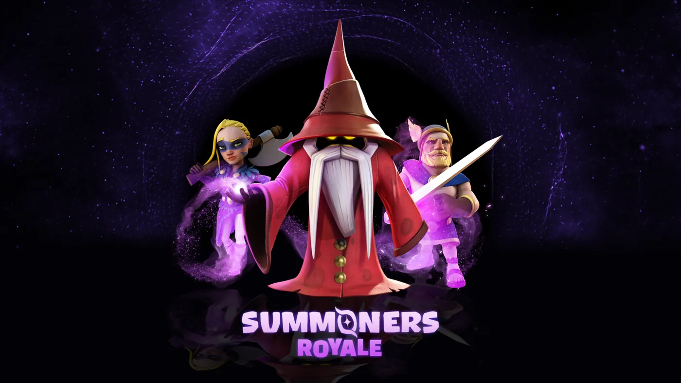 Summoners Royale key art: a red-robed wizard flanked by a valkyrie and a viking, summoned out of a dark portal