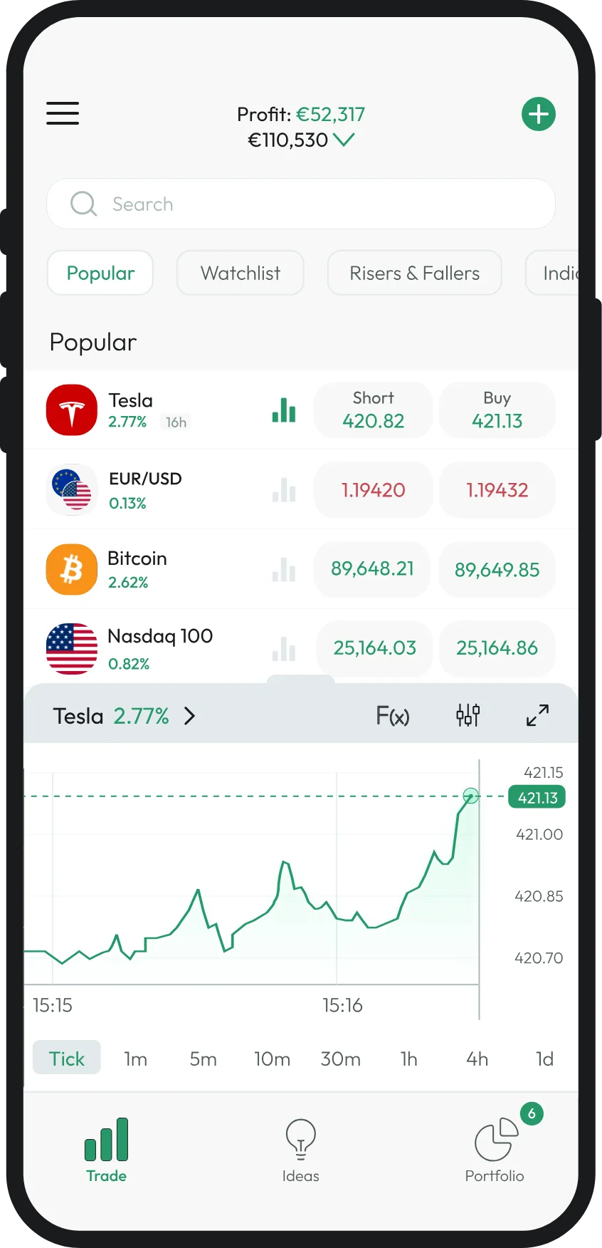 The same Explore screen in light: identical layout and hierarchy with white ground, dark text and the deeper green