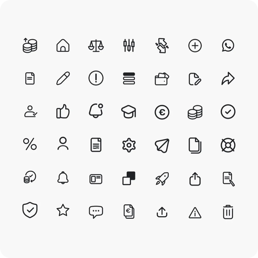 The 50K icon library: a grid of line icons covering trading, account, education and messaging