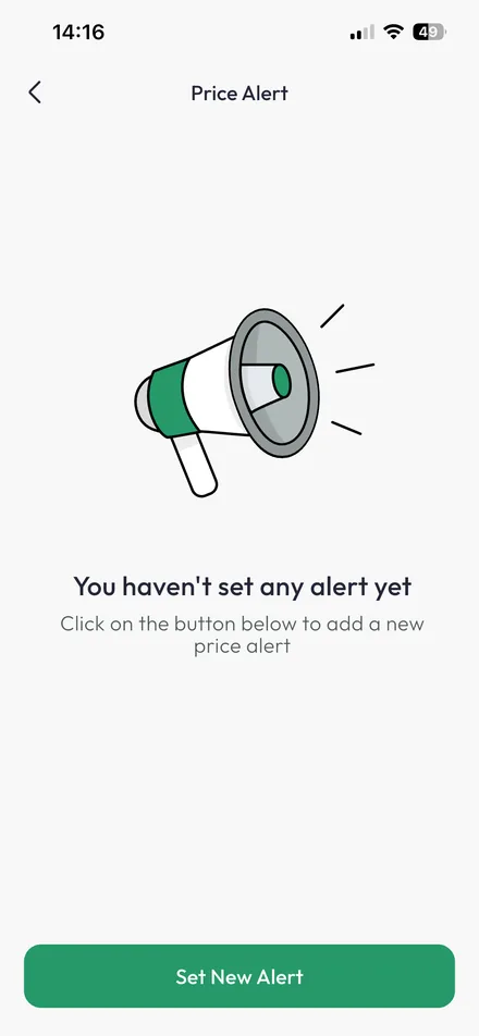 Price alerts screen in its empty state, with a set new alert action