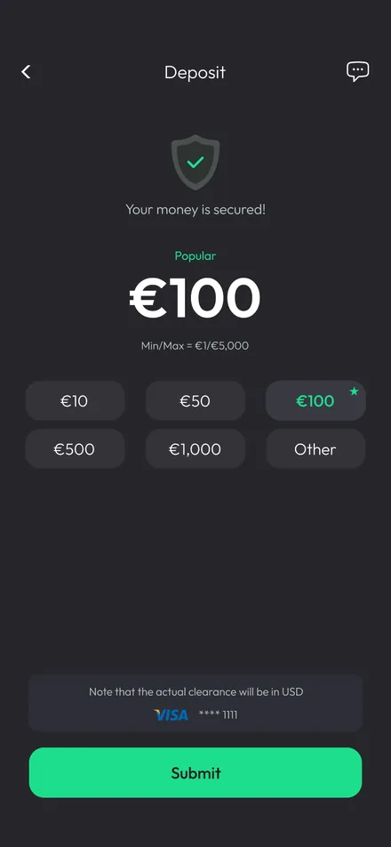 Deposit screen with preset amounts, minimum and maximum, a security reassurance and the saved card