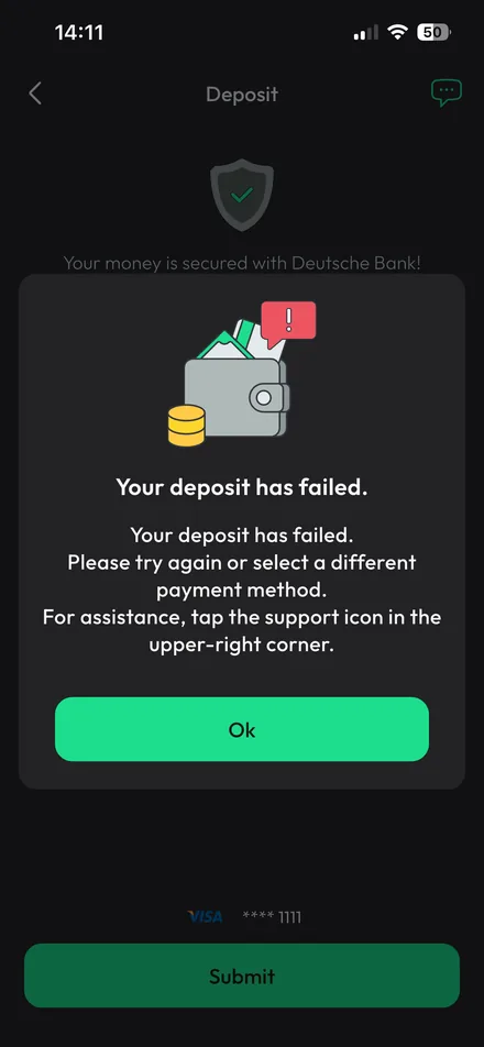Deposit failed dialog explaining the failure and offering to try another payment method or contact support