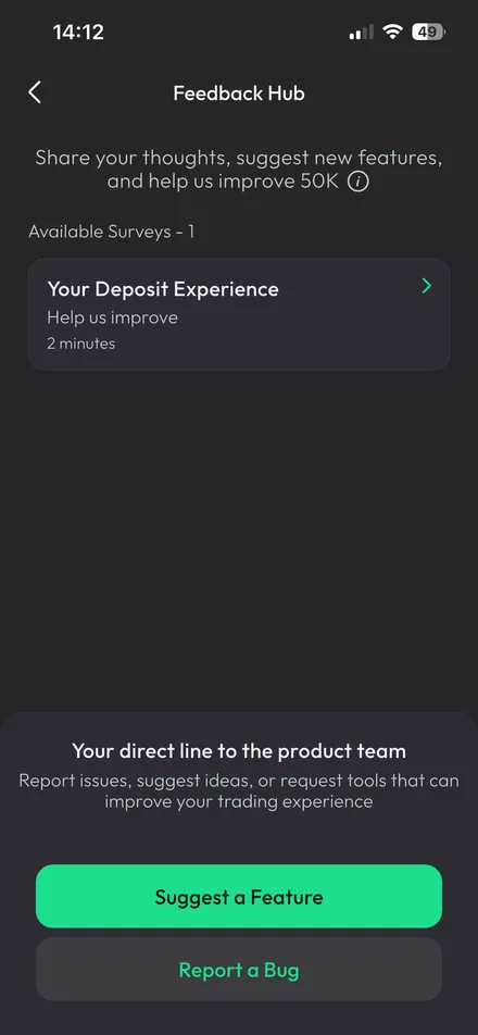 Feedback Hub screen with an available survey, suggest a feature and report a bug