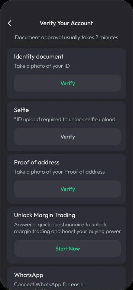 Identity verification screen listing document, selfie and proof of address steps with their states