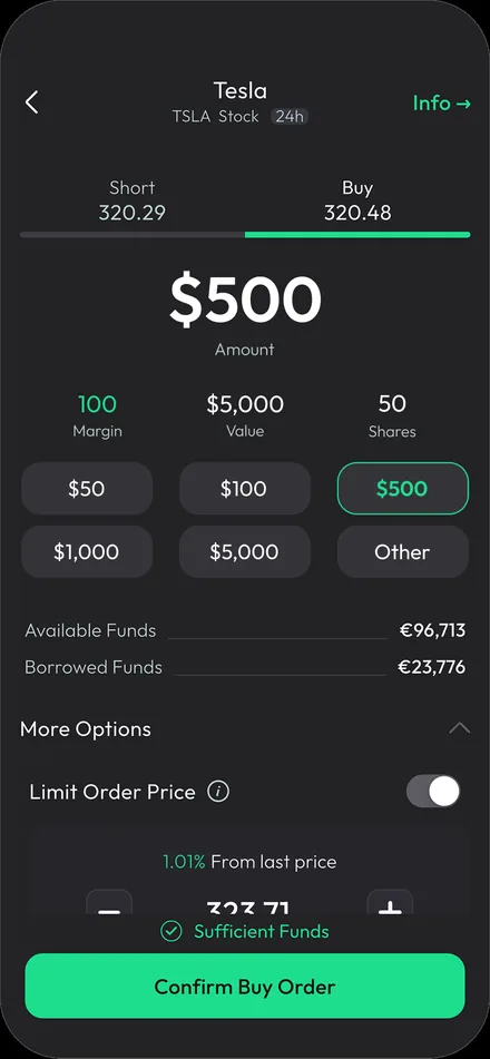 An earlier order ticket variant using fixed amount buttons instead of a slider