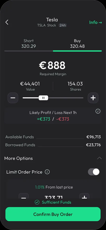 Order ticket: direction toggle with both prices, required margin as the headline value, amount slider, likely profit and loss, funds, and the confirm button