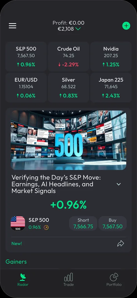 An earlier Market Radar screen with movers, indices and a market news card
