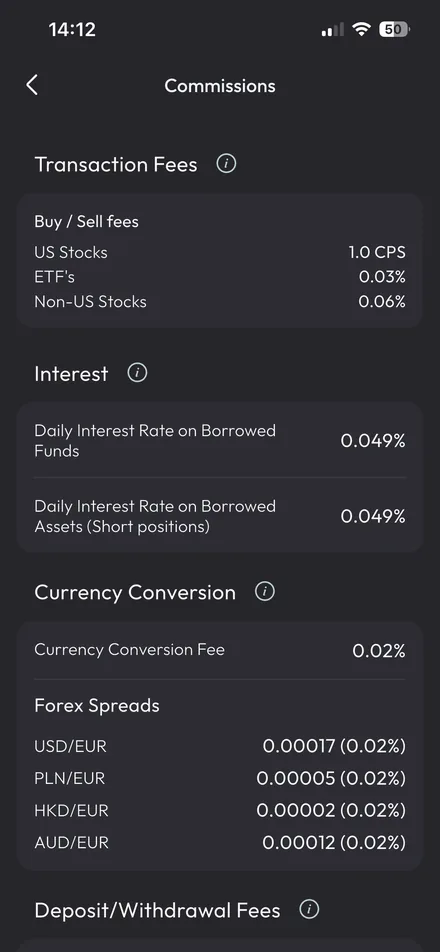 Commissions screen listing fees, interest rates, currency conversion and spreads